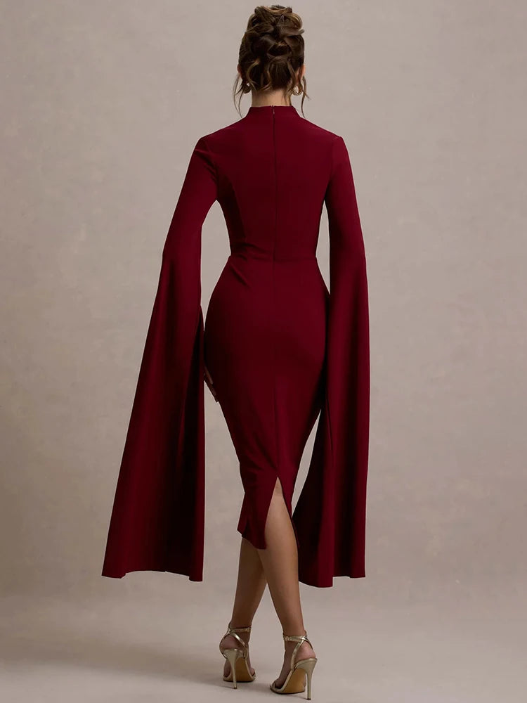 Twilight Drape - Mozision Cape Long Sleeve Midi Dress