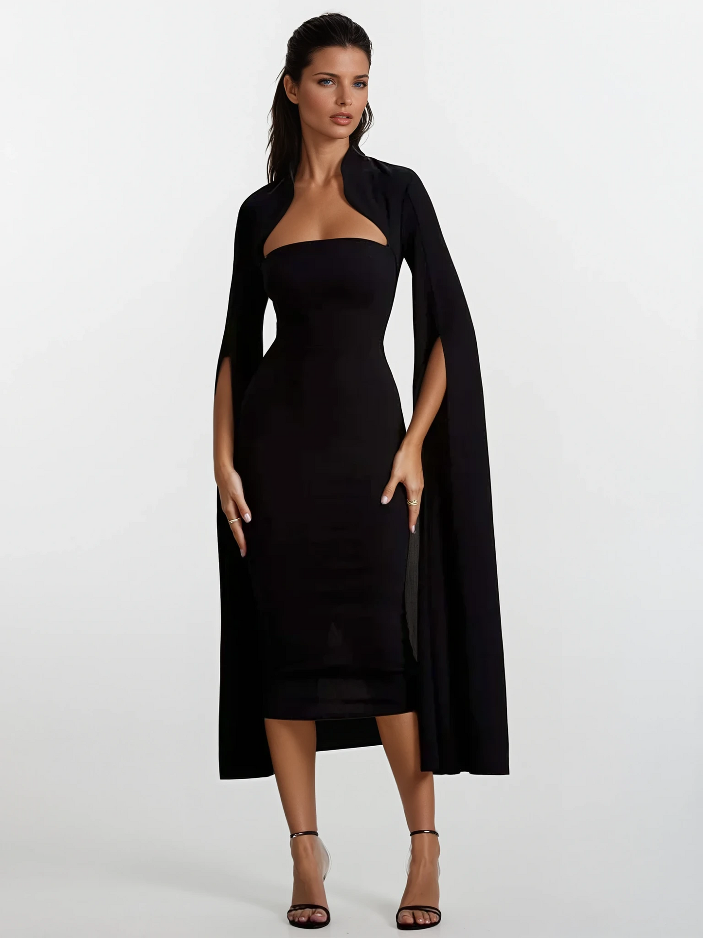 Twilight Drape - Mozision Cape Long Sleeve Midi Dress