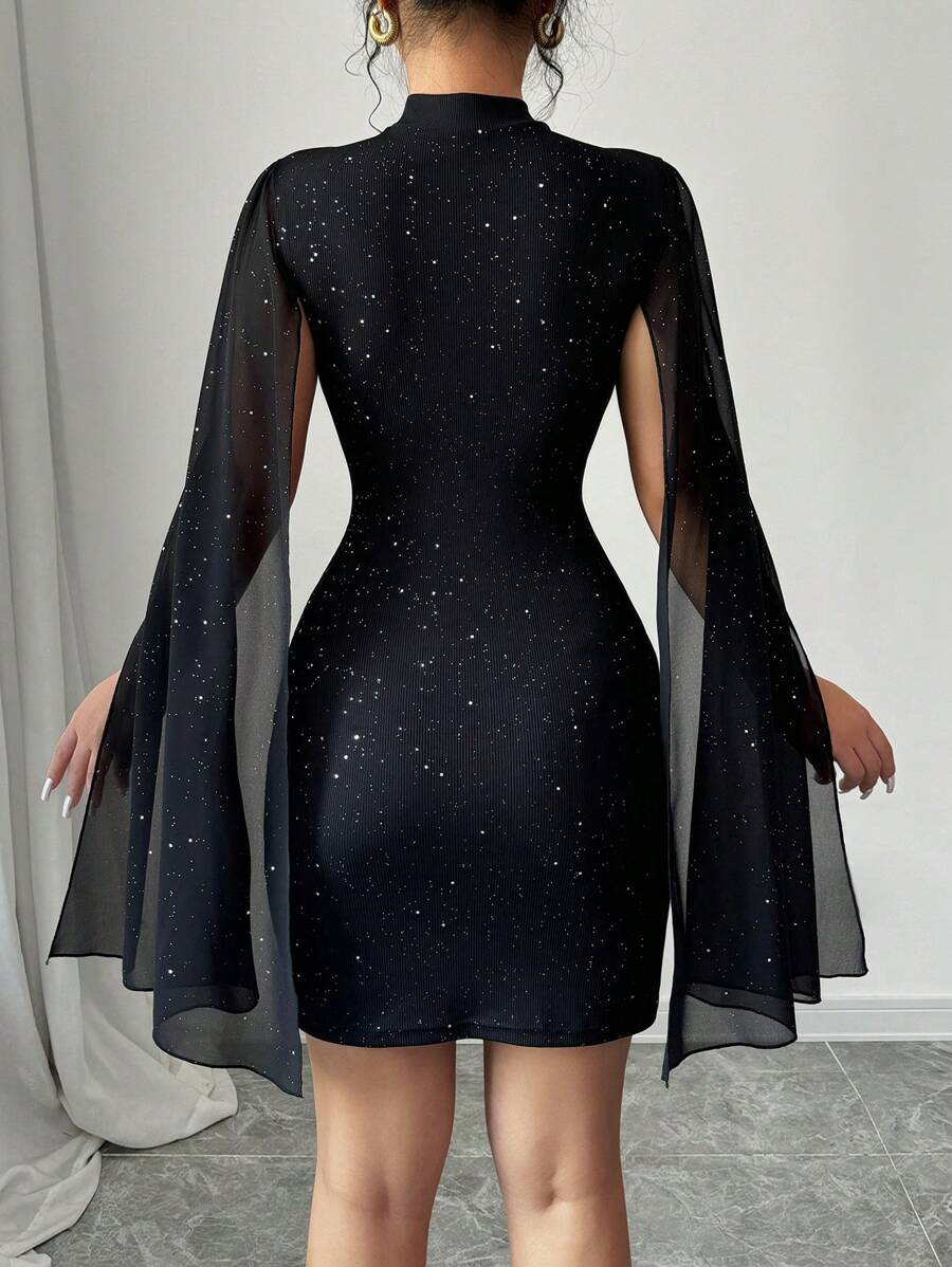 Ethereal Dusk - Round Neck Pit Stripe Pearl Chiffon Cape Hip Hugging Dress