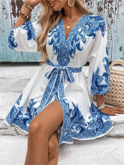 BohoBloom Dress -  Long Sleeve V Neck Pullover Mini Dress