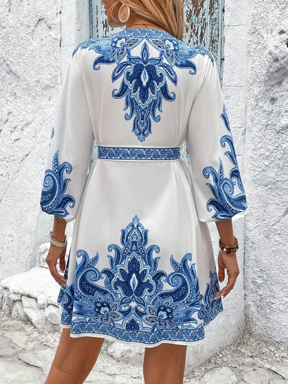 BohoBloom Dress -  Long Sleeve V Neck Pullover Mini Dress