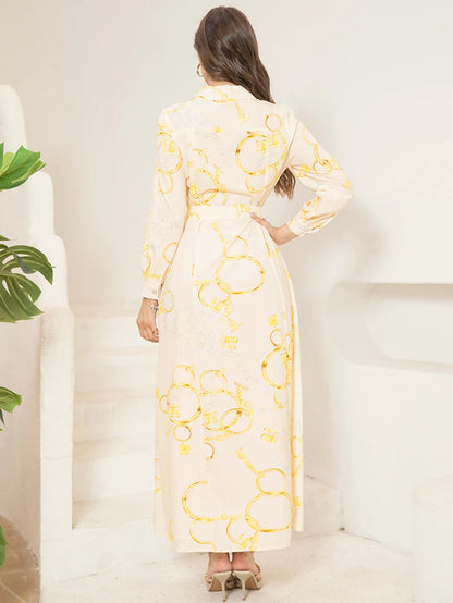 Savoy Elegance - Elegant Chain Print Collared Neck Dress