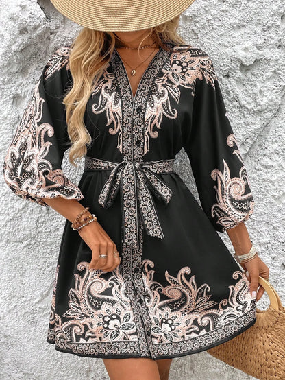 BohoBloom Dress -  Long Sleeve V Neck Pullover Mini Dress