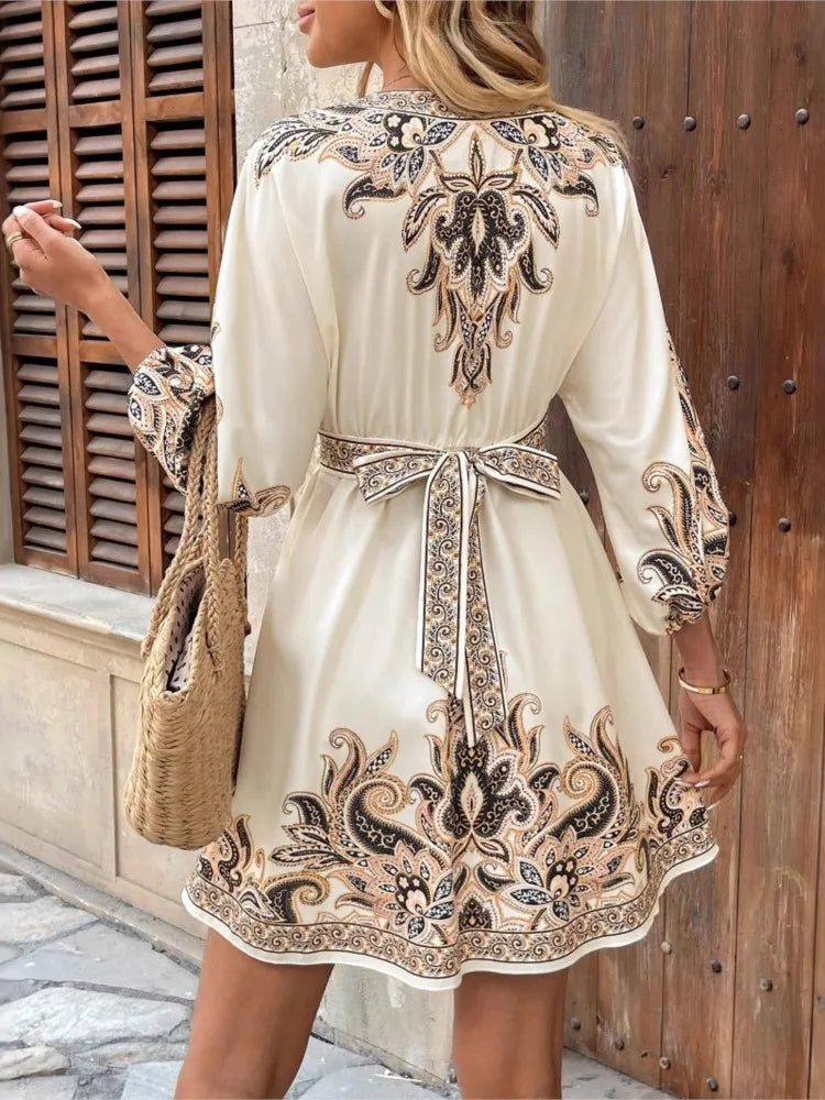 BohoBloom Dress -  Long Sleeve V Neck Pullover Mini Dress