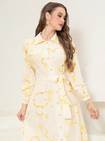 Savoy Elegance - Elegant Chain Print Collared Neck Dress