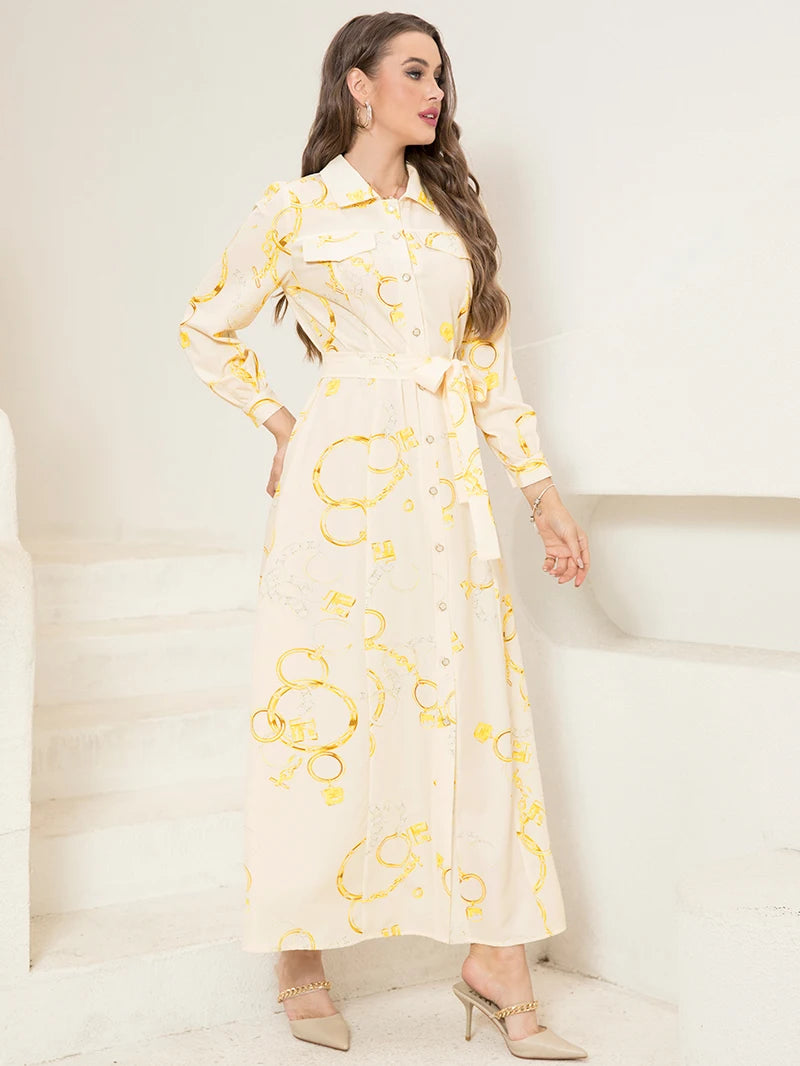 Savoy Elegance - Elegant Chain Print Collared Neck Dress