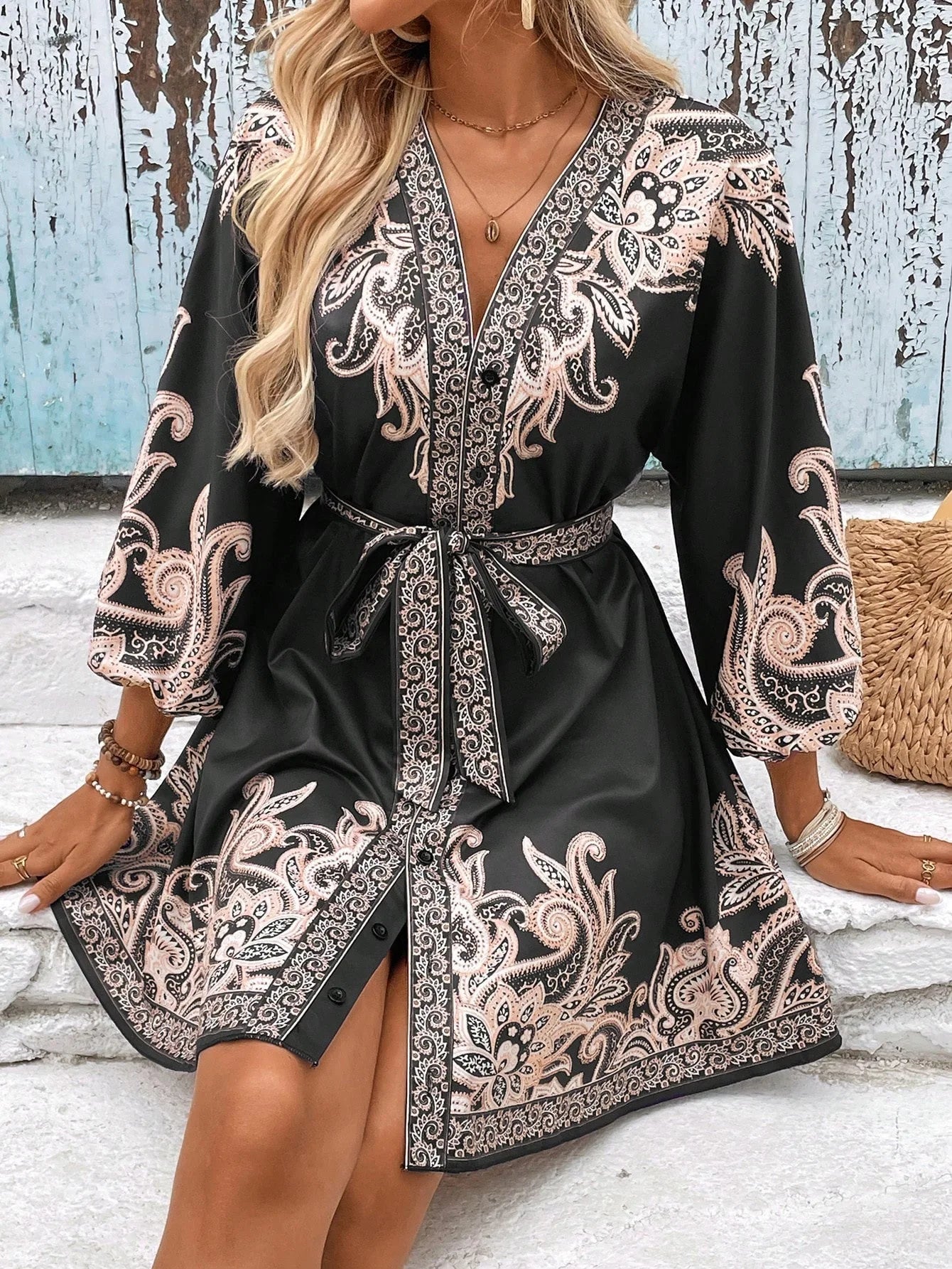 BohoBloom Dress -  Long Sleeve V Neck Pullover Mini Dress