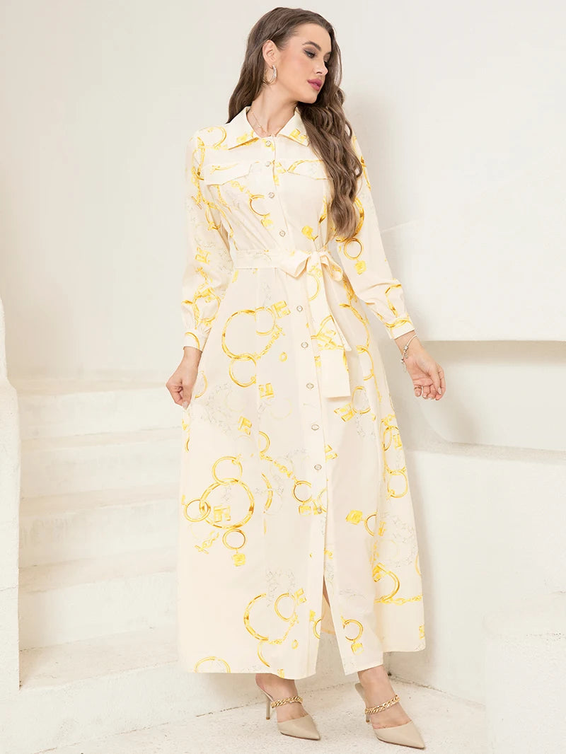 Savoy Elegance - Elegant Chain Print Collared Neck Dress
