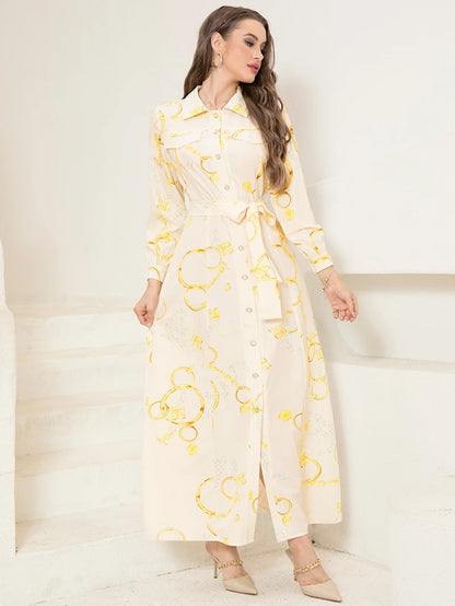 Savoy Elegance - Elegant Chain Print Collared Neck Dress
