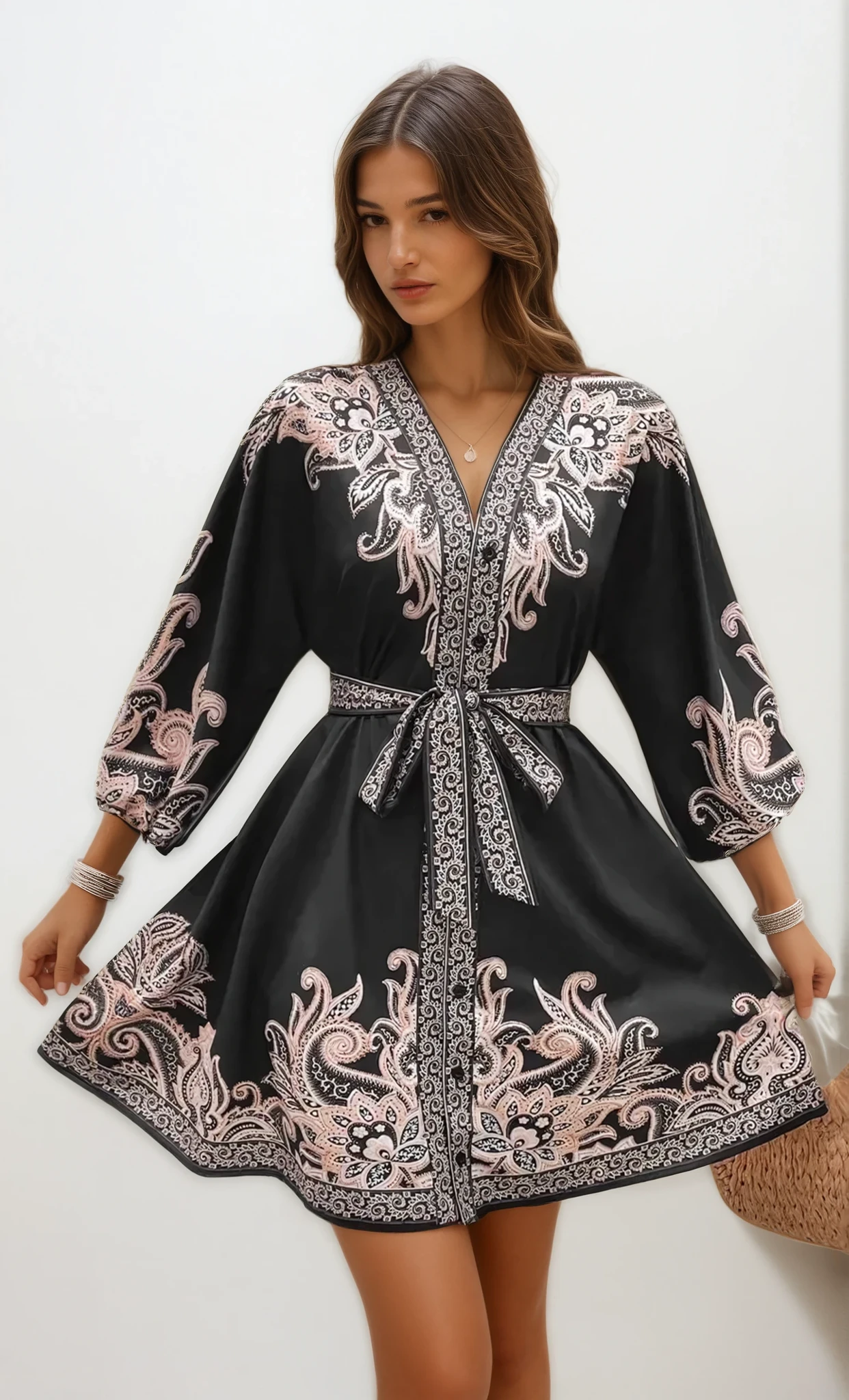 BohoBloom Dress -  Long Sleeve V Neck Pullover Mini Dress