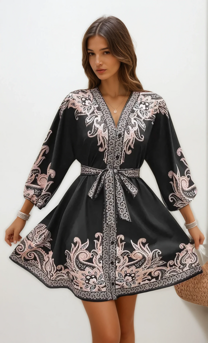 BohoBloom Dress -  Long Sleeve V Neck Pullover Mini Dress