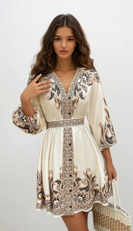 BohoBloom Dress -  Long Sleeve V Neck Pullover Mini Dress